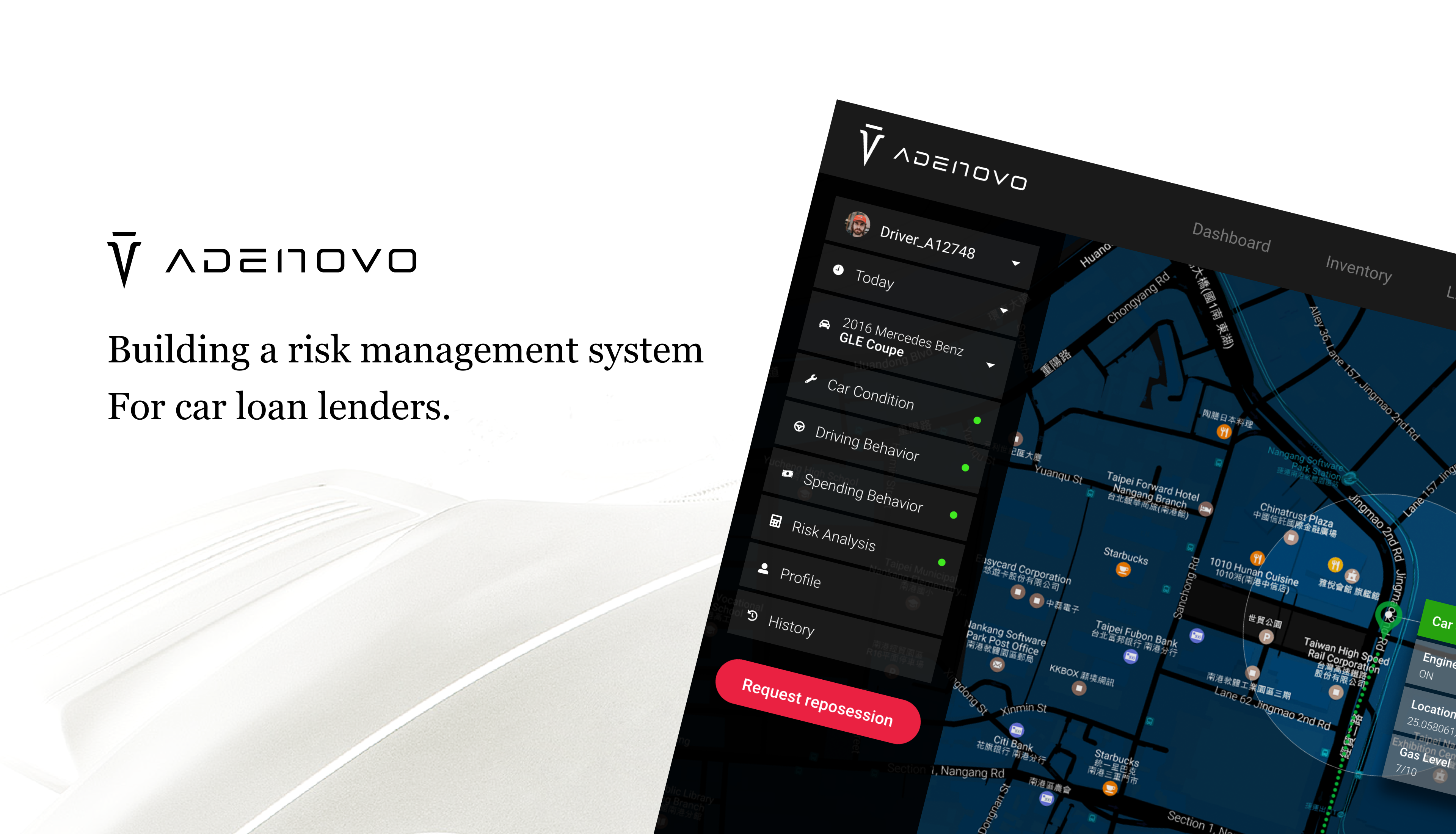 Adenovo car loan risk dashboard with a live map of the borrower's car