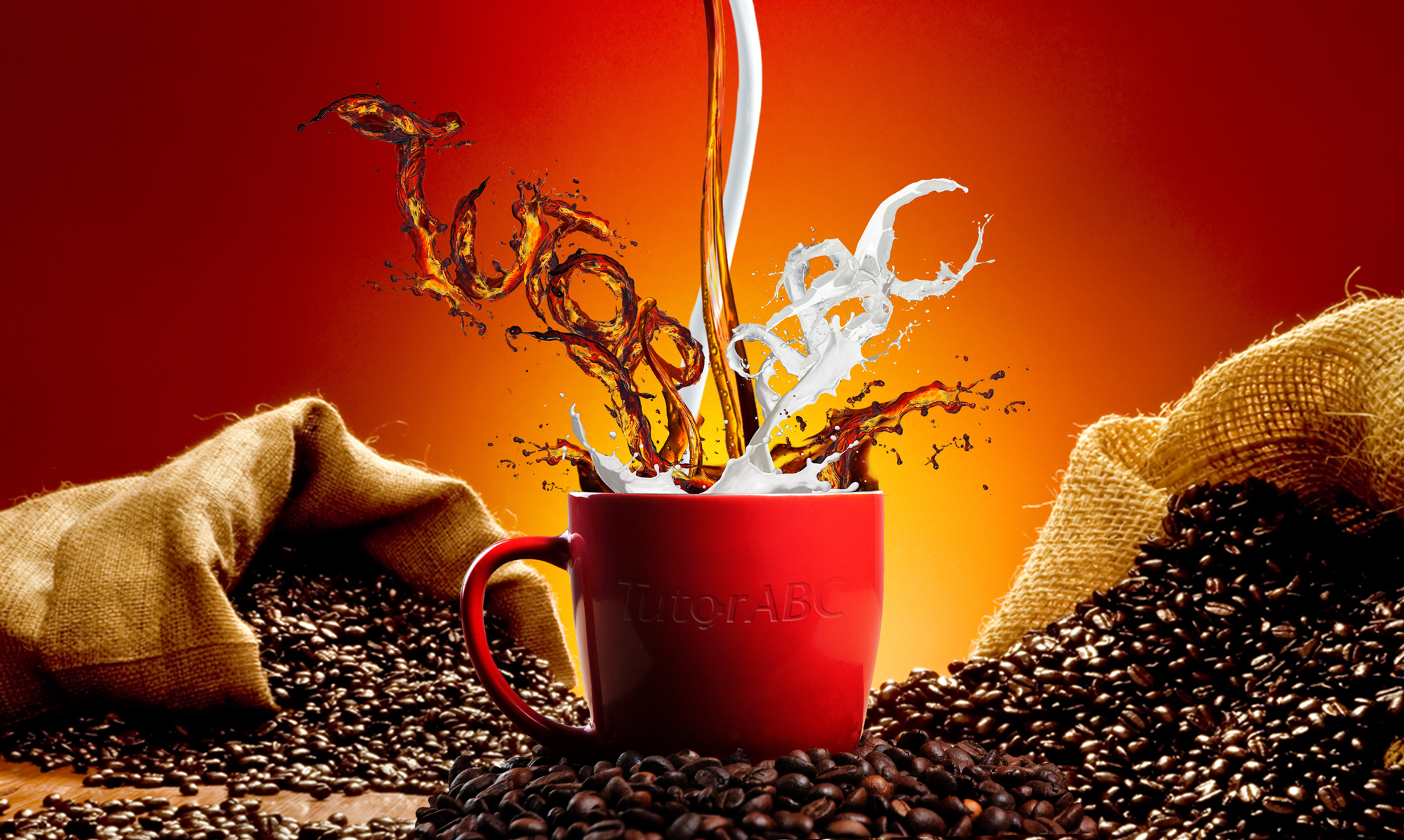 Coffee and milk splashing into a red TutorABC mug over coffee beans