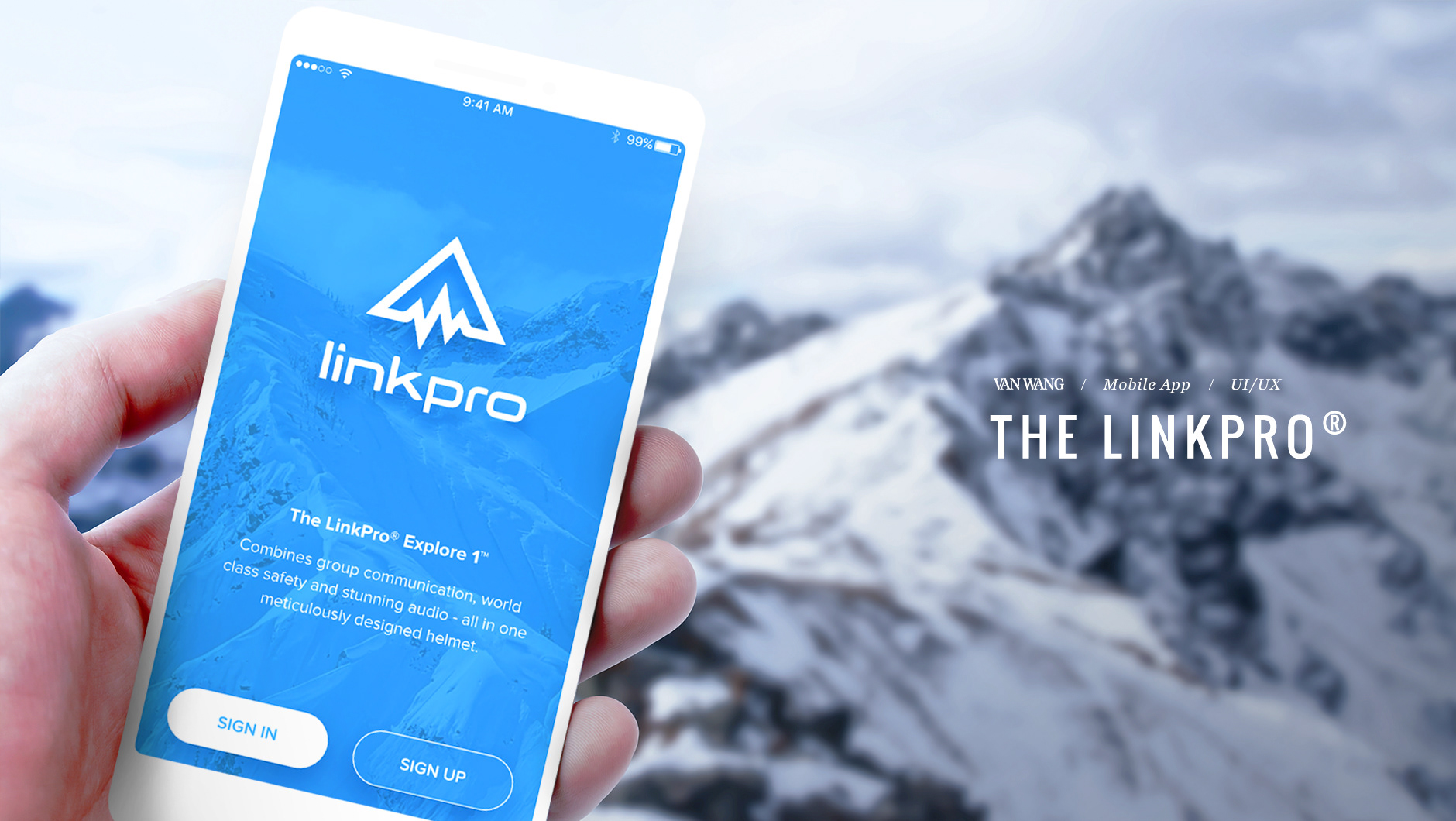 LinkPro mobile app sign-in screen on a phone, snowy mountains behind