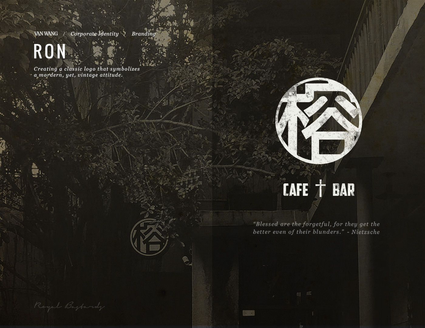 Ron Cafe and Bar logo, a round character mark on a dark photo